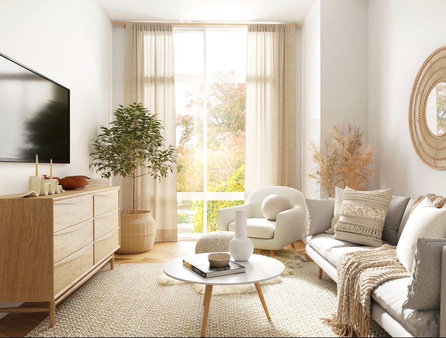 Living Room. A modern living room with a white sofa, armchair, coffee table, and decorative items. Large windows with sheer curtains let in natural light, and a potted plant adds a touch of greenery.