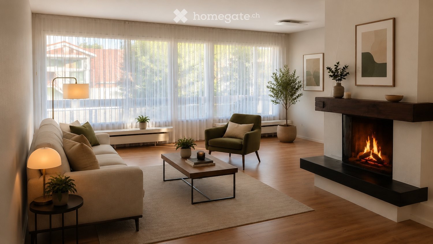 Modern living room with a fireplace, large windows, a beige sofa, green armchair, coffee table, floor lamp, side table, and decorative plants.