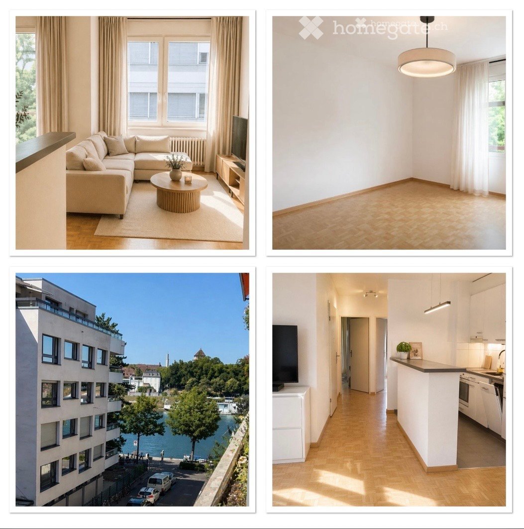House. Four images: top left shows a furnished living room with a sectional sofa, coffee table, and TV; top right shows an unfurnished room with wooden flooring and large windows; bottom left shows a modern apartment building with a scenic view of a river