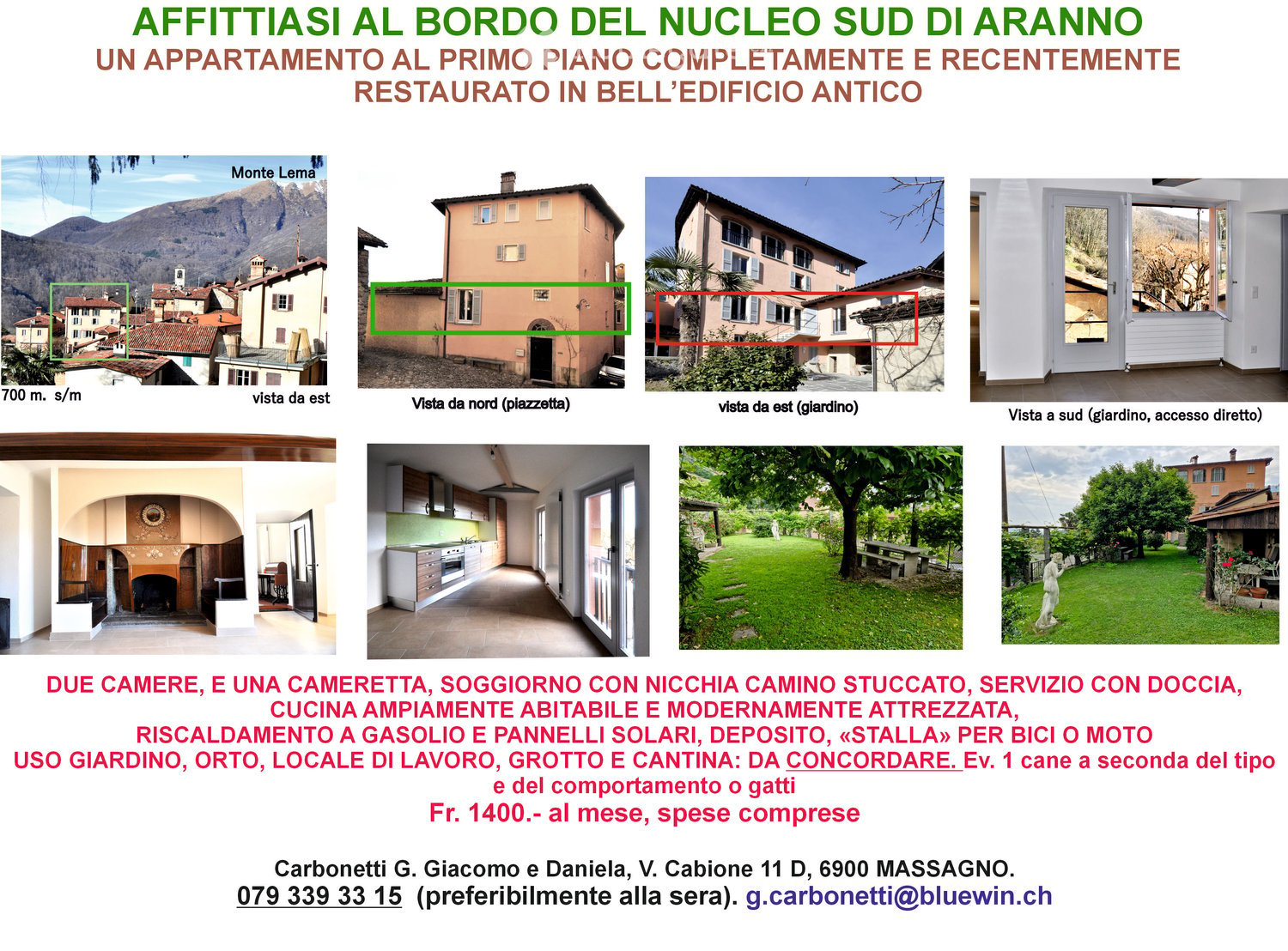 Apartment for rent in Aragno, fully restored, with two bedrooms, a living room, a kitchen, a bathroom, a fireplace, a garden, a parking space, and a view.