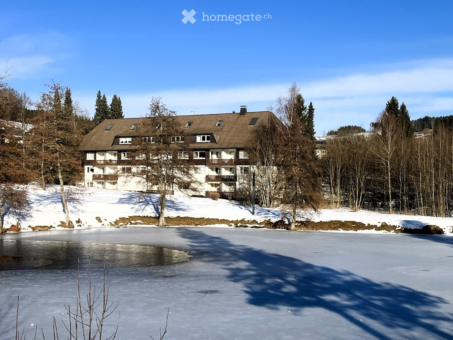 3 story building, brown roof, white walls, multiple windows, surrounded by snow and trees
