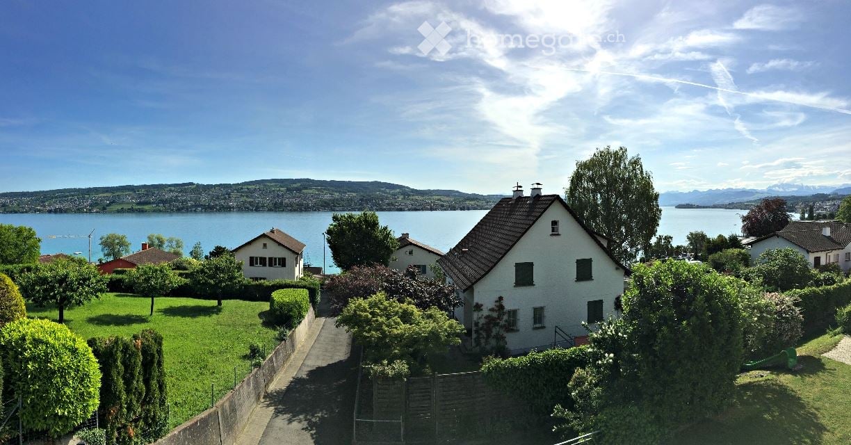 House with brown roof, white walls, surrounded by greenery, lake view