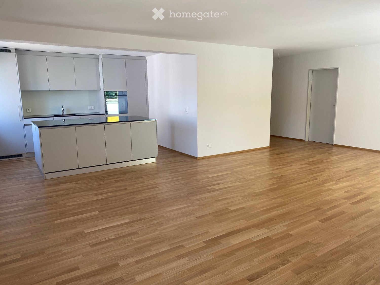 Unfurnished Room. Empty room with light wooden flooring, white walls, and a modern kitchen area featuring grey cabinets and a countertop.