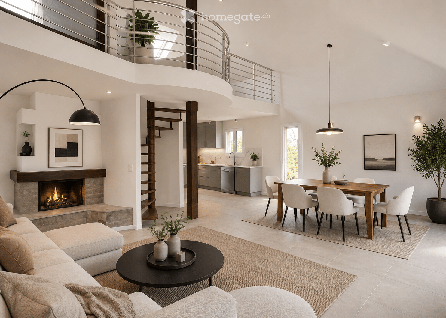 Modern open-concept living and dining area with a stone fireplace, a sofa, coffee table, dining table with chairs, and a kitchen area with a dishwasher.