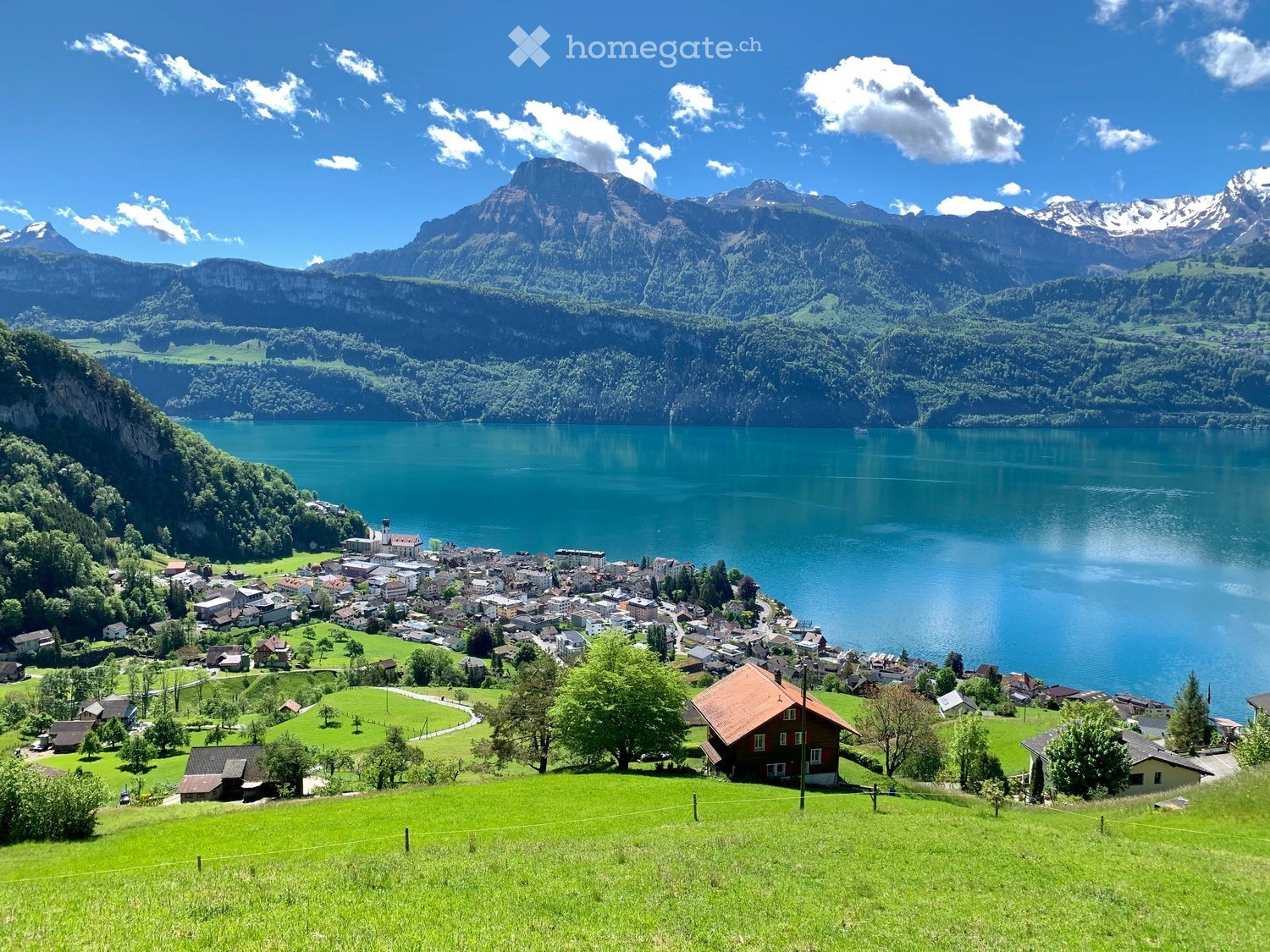 A picturesque village nestled by a serene lake, surrounded by lush green hills and towering mountains under a clear blue sky.