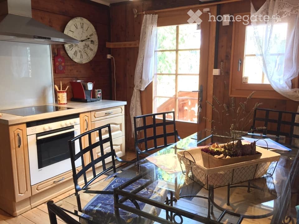 Furnished Room. A cozy kitchen and dining area with wooden walls, a white stove, a refrigerator, a glass dining table with chairs, and a decorative plant centerpiece.