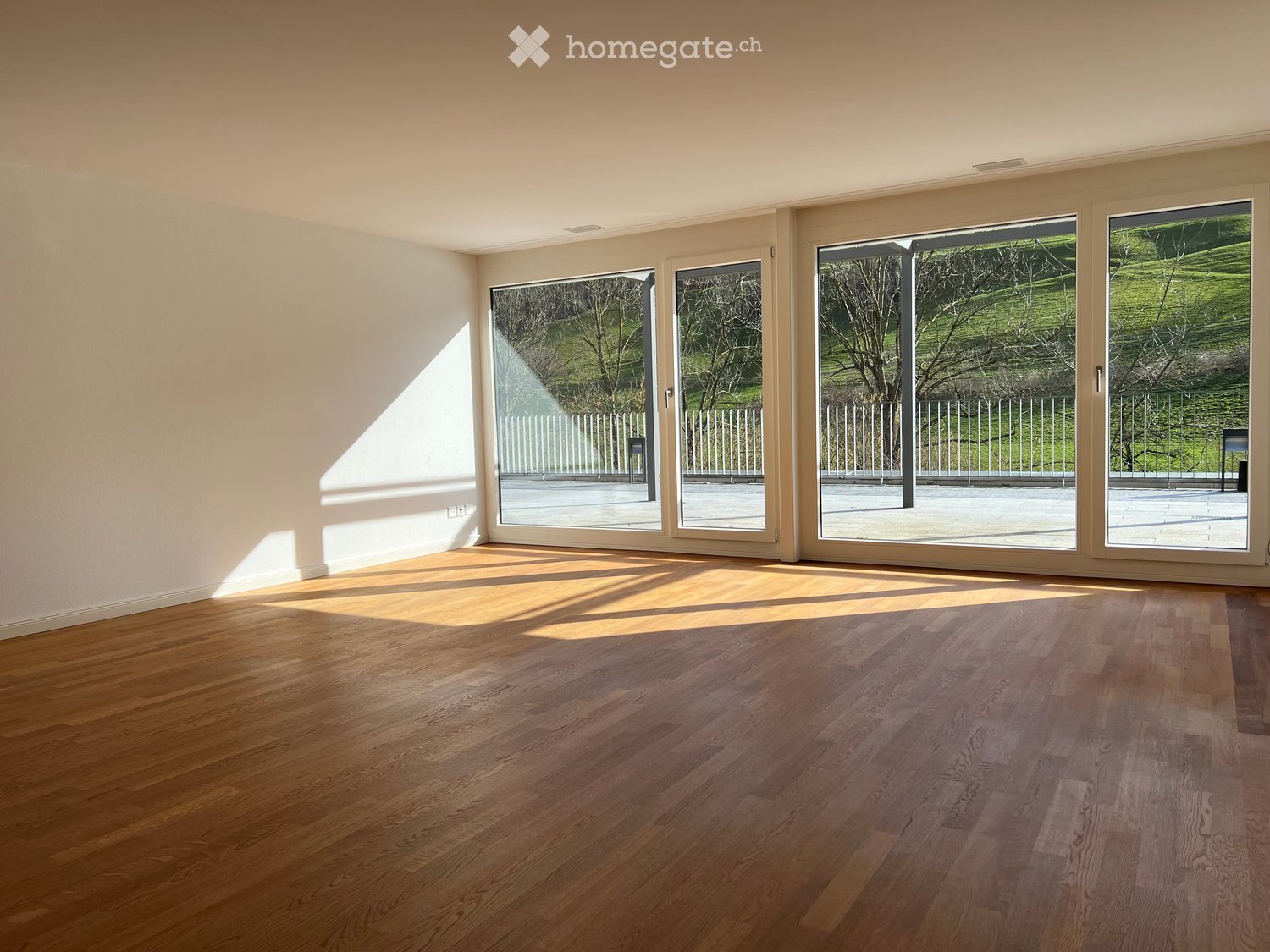 empty room, wooden floor, large glass doors, balcony, view of the outside