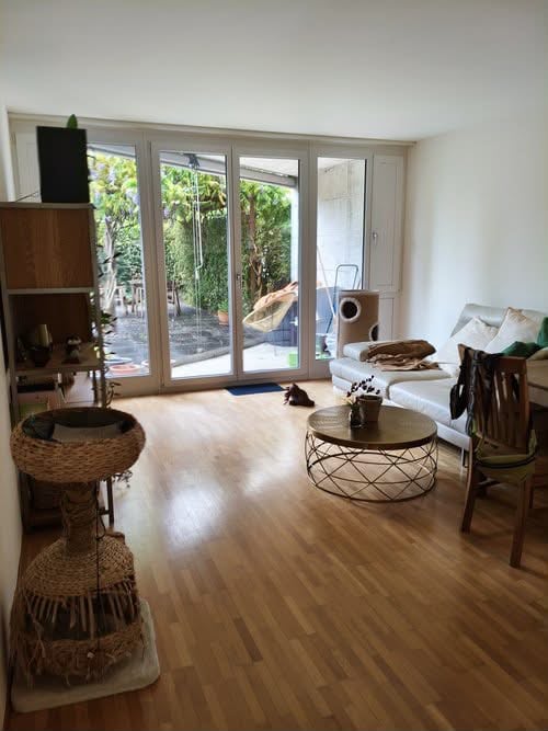 Living Room. Bright living room with large glass doors leading to a balcony, wooden floor, white sofa, coffee table, and cat tree.