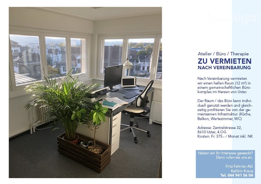 Office room with desk, computer, chair, plant, radiator, windows, balcony, view