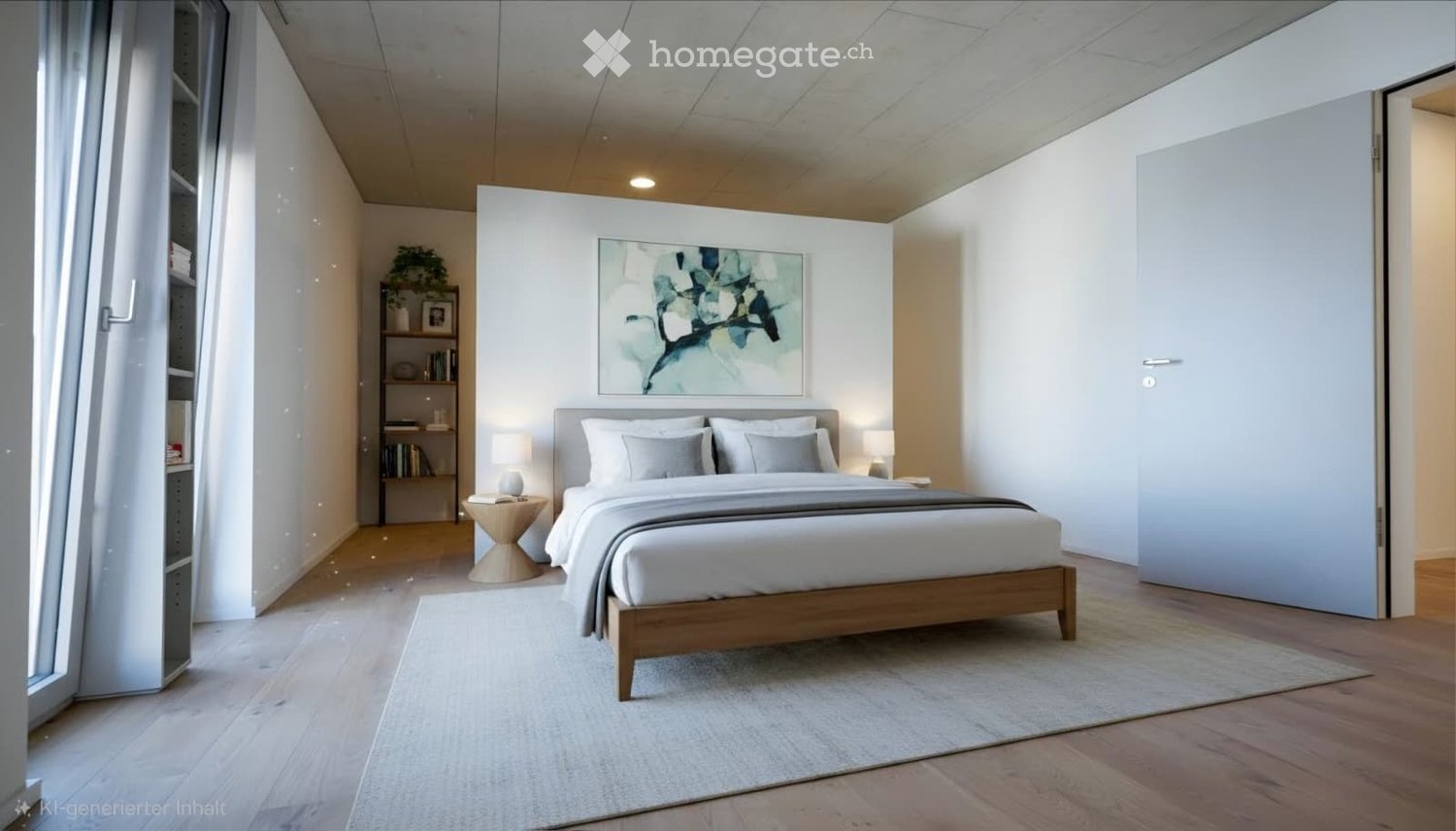 Bedroom. Modern, minimalist bedroom with a large bed, nightstands, table lamps, a shelf with books and a plant, and a large abstract painting on the wall.