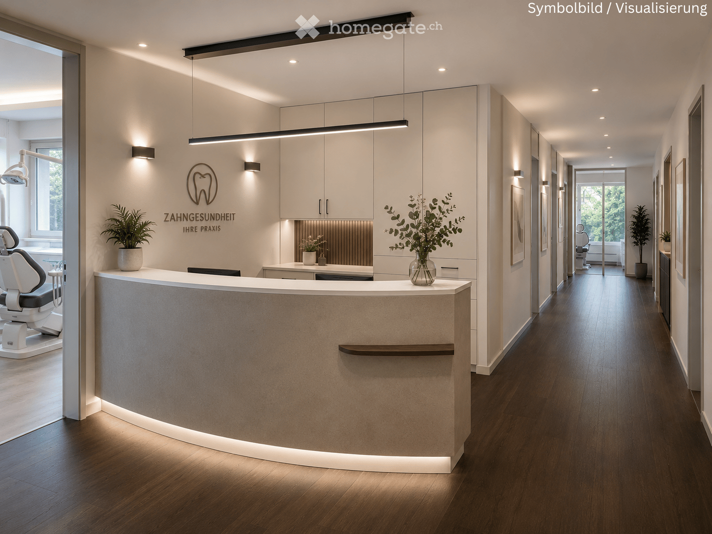 Furnished Room. Modern reception area with a sleek reception desk, potted plants, and a dental chair visible in the background.