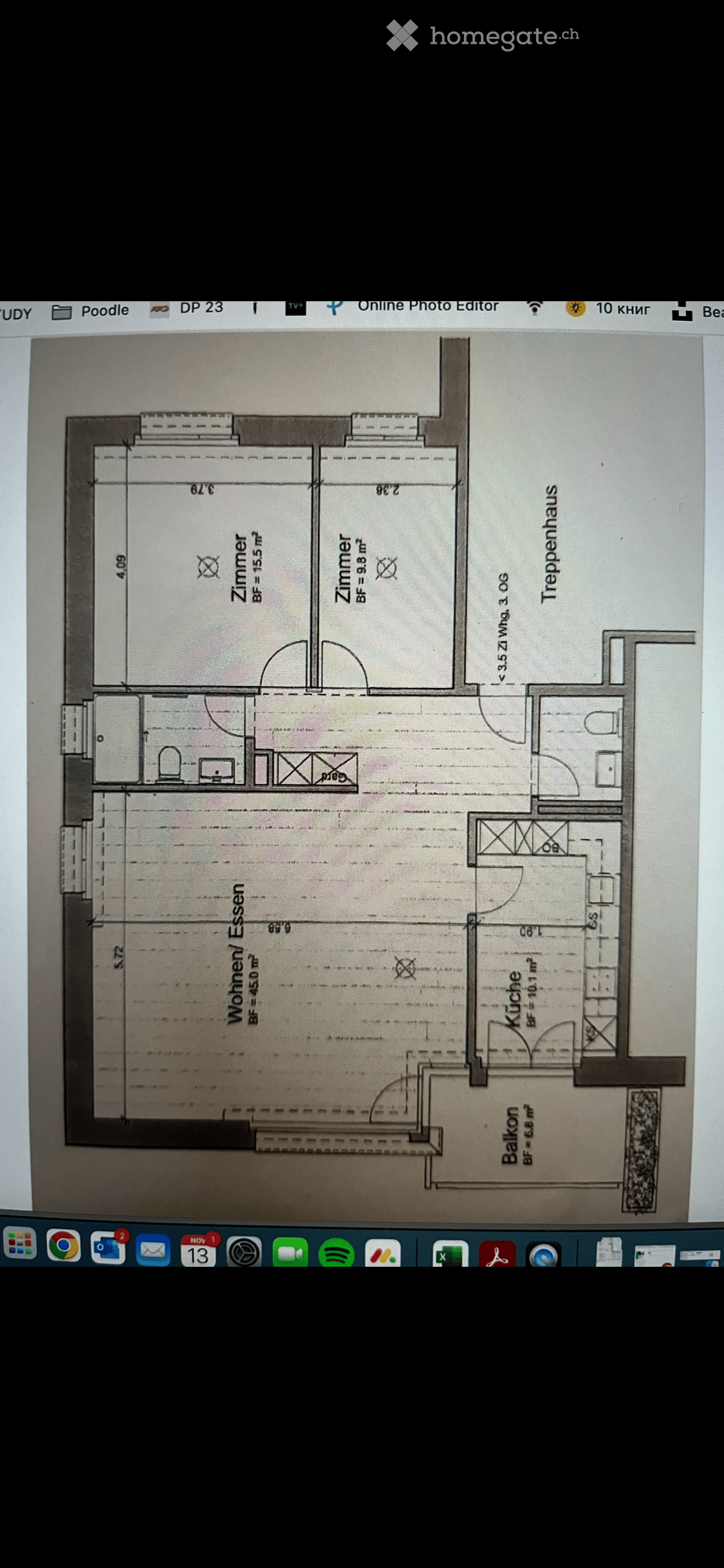 Floor Plan. Floor plan showing a living area, kitchen, two bedrooms, and a balcony.