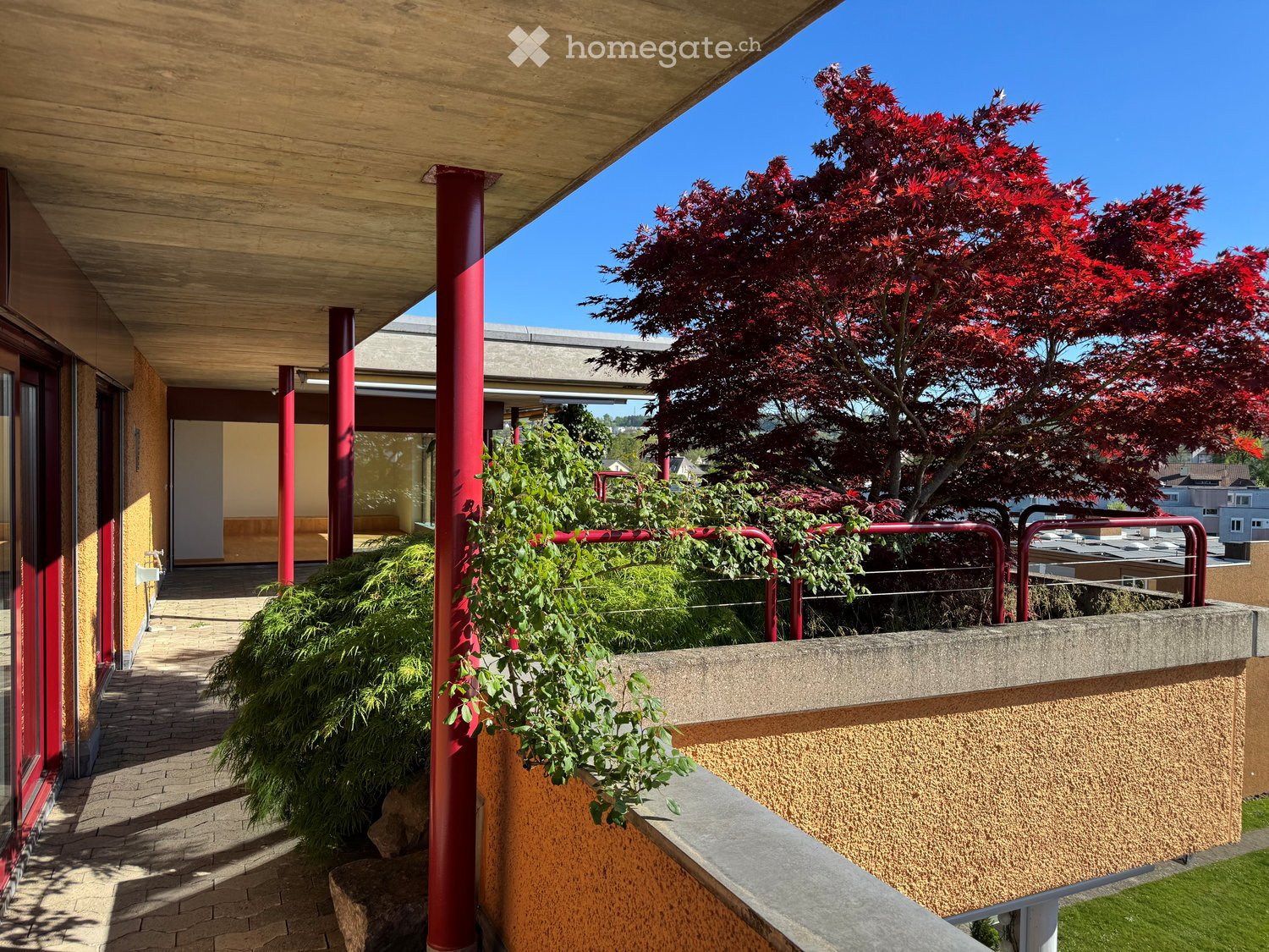 Balcony / Terrace. Balcony with wooden ceiling, red metal railings, brick pavement, and surrounding greenery including a red maple tree.