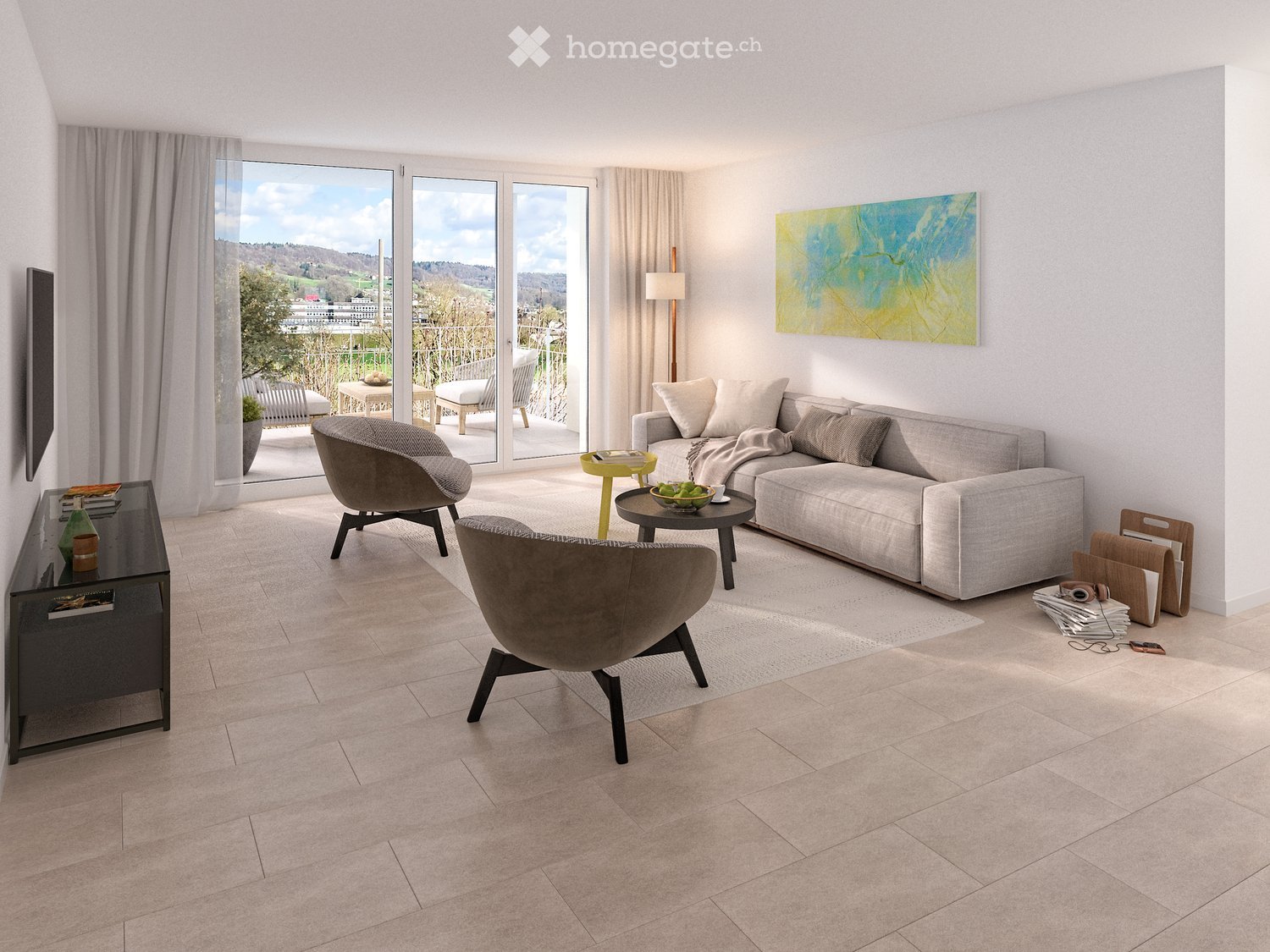 Living Room. Modern living room with large windows offering a scenic view, featuring a grey sofa, coffee table, chairs, and a floor lamp.