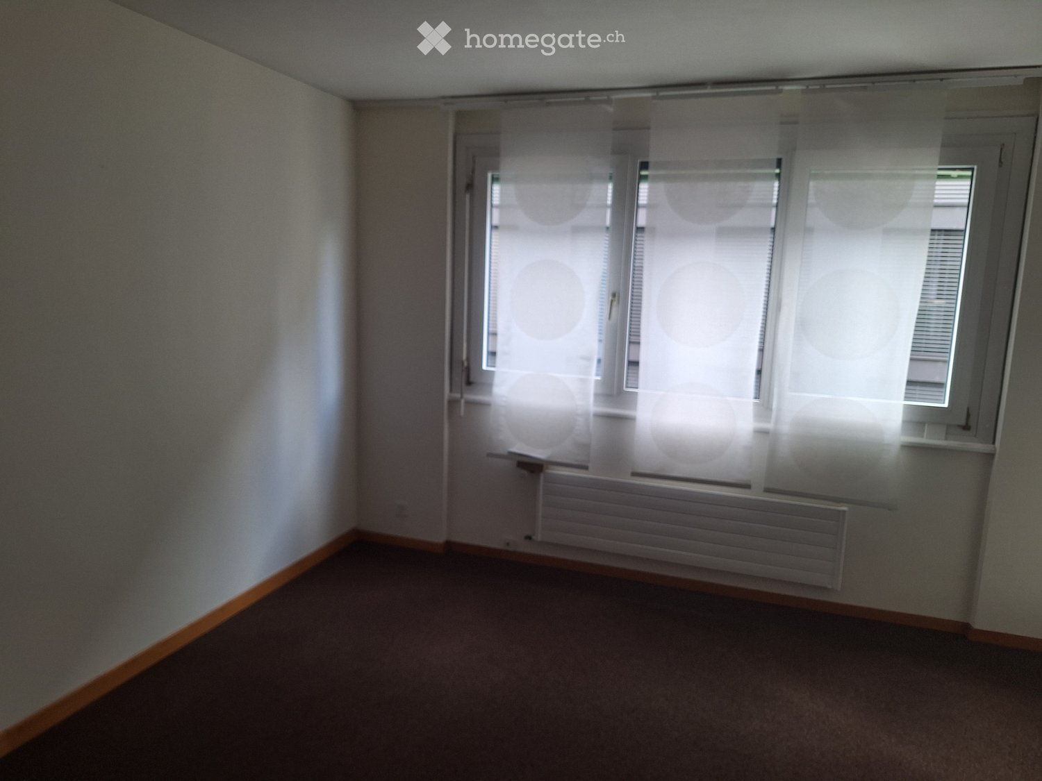 Unfurnished Room. Empty room with white walls, carpeted floor, large window with blinds, radiator below the window, and wooden baseboard trim.