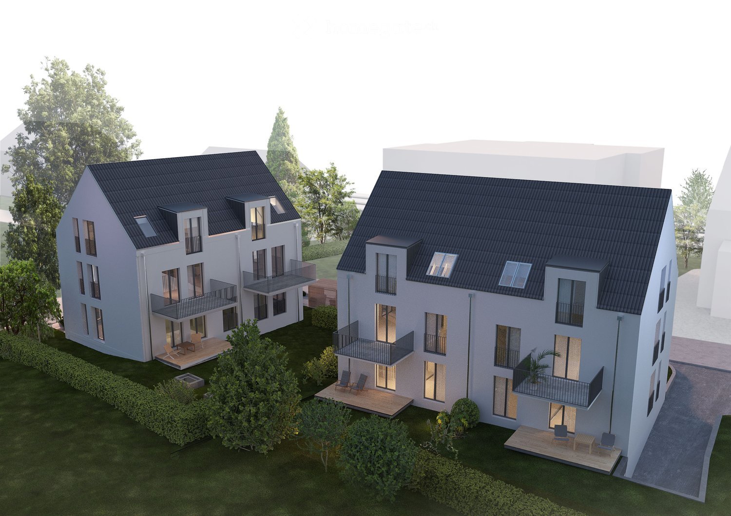 House. 3D rendering of a modern two-story house with white exterior, dark roof, multiple balconies, and outdoor seating areas.