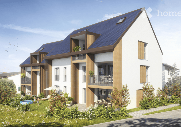 Building. Modern two-story house with solar panels on the roof, balconies, and a swimming pool in the garden.