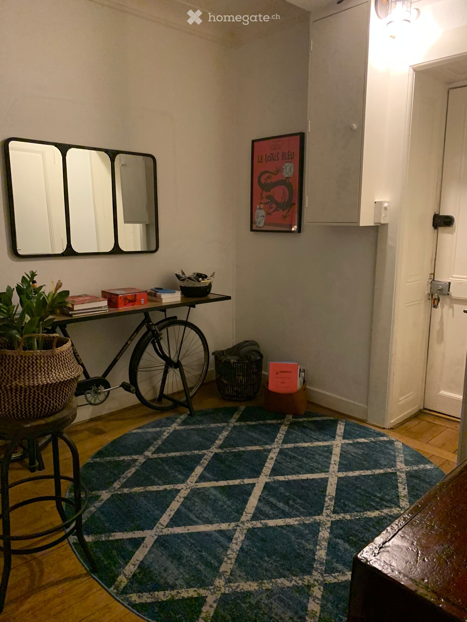 Furnished Room. A small, well-lit hallway or entryway with a wooden floor, a blue and white checkered rug, a bicycle leaning against the wall, a small table with books and a plant, a mirror, and a painting on the wall.