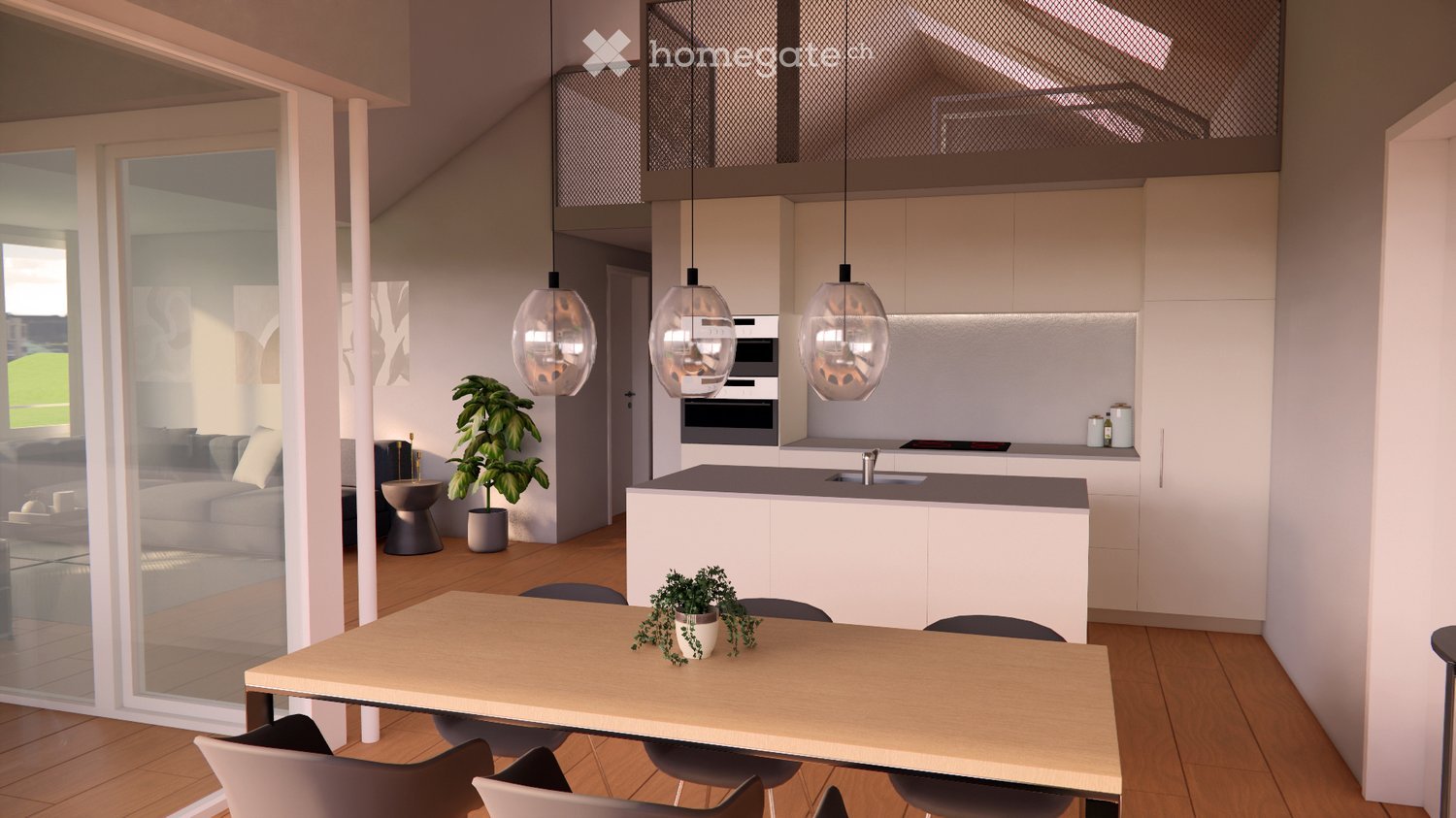Furnished Room. Modern open-plan living and dining area with a wooden dining table, chairs, pendant lights, a kitchen island, and a sofa visible through a glass partition.