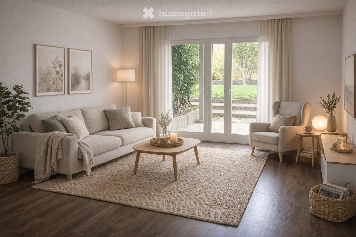 Living Room. Modern living room with a light grey sofa, wooden coffee table, armchair, floor lamp, and large windows leading to a garden.
