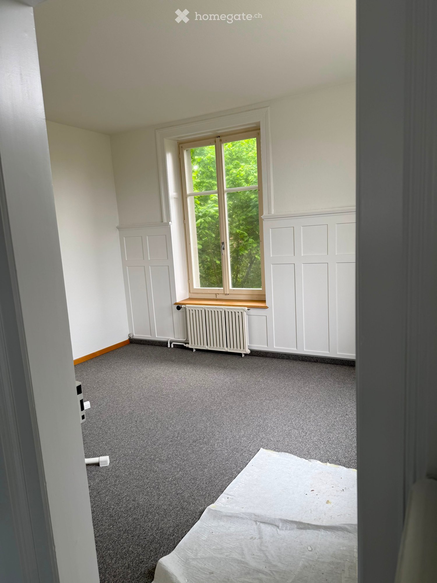 Unfurnished Room. Empty room with grey carpet, white walls, a window with white frame, radiator, and a covered object on the floor.