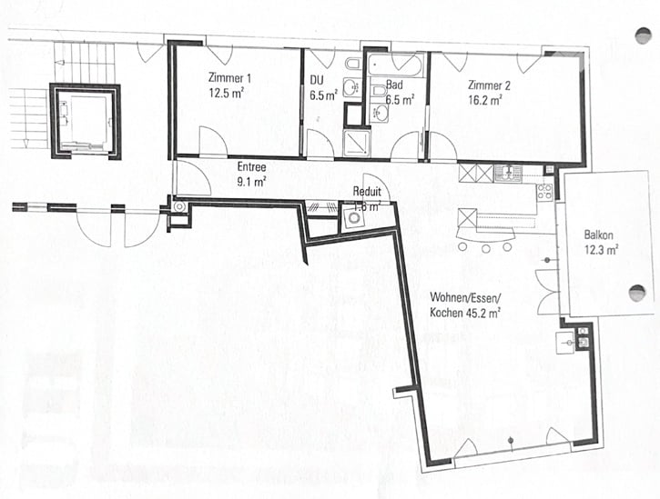 Floor Plan. Floor plan showing a living/dining/kitchen area, two bedrooms, a bathroom, a hallway, and a balcony.