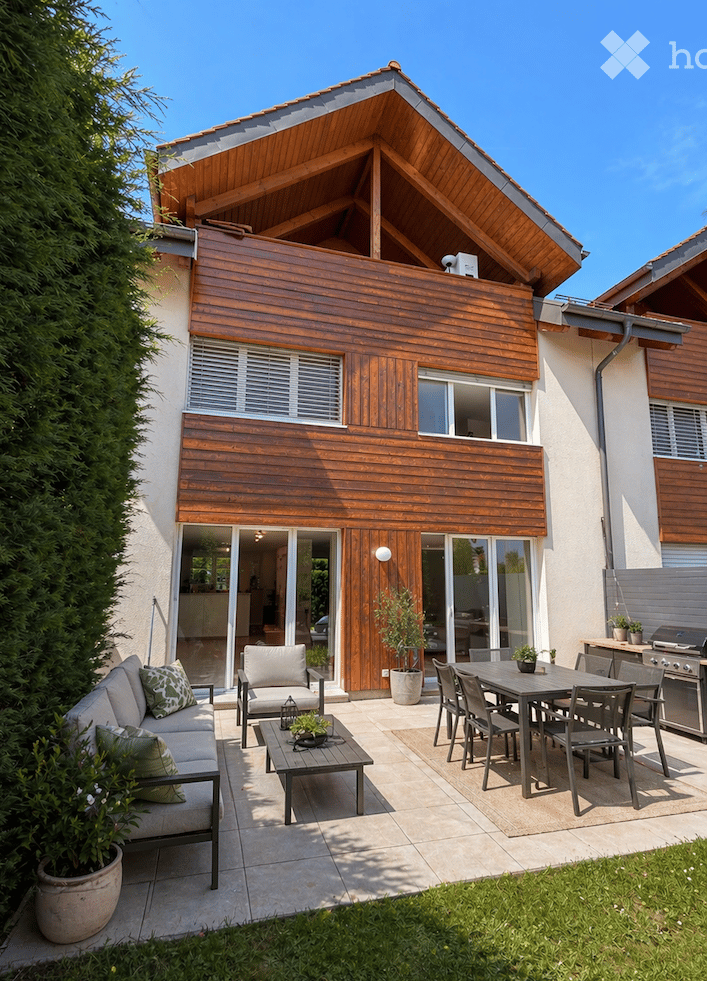 Modern house exterior with wooden siding and large windows, featuring a spacious patio with outdoor furniture including a sofa, coffee table, dining table, and chairs, surrounded by potted plants and a well-maintained lawn.