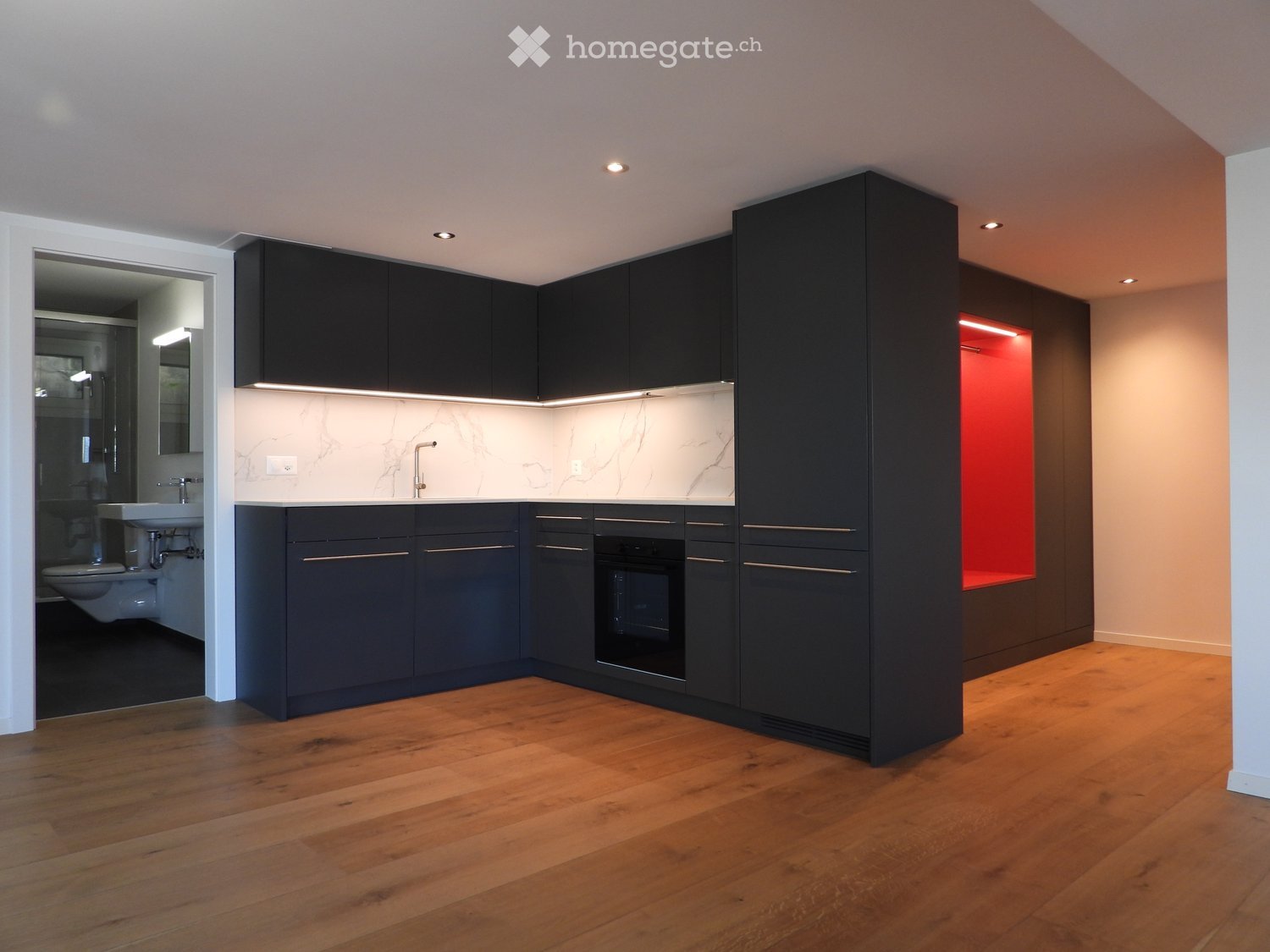 Modern kitchen with dark grey cabinets, marble backsplash, wooden flooring, and an open layout connecting to a bathroom area.