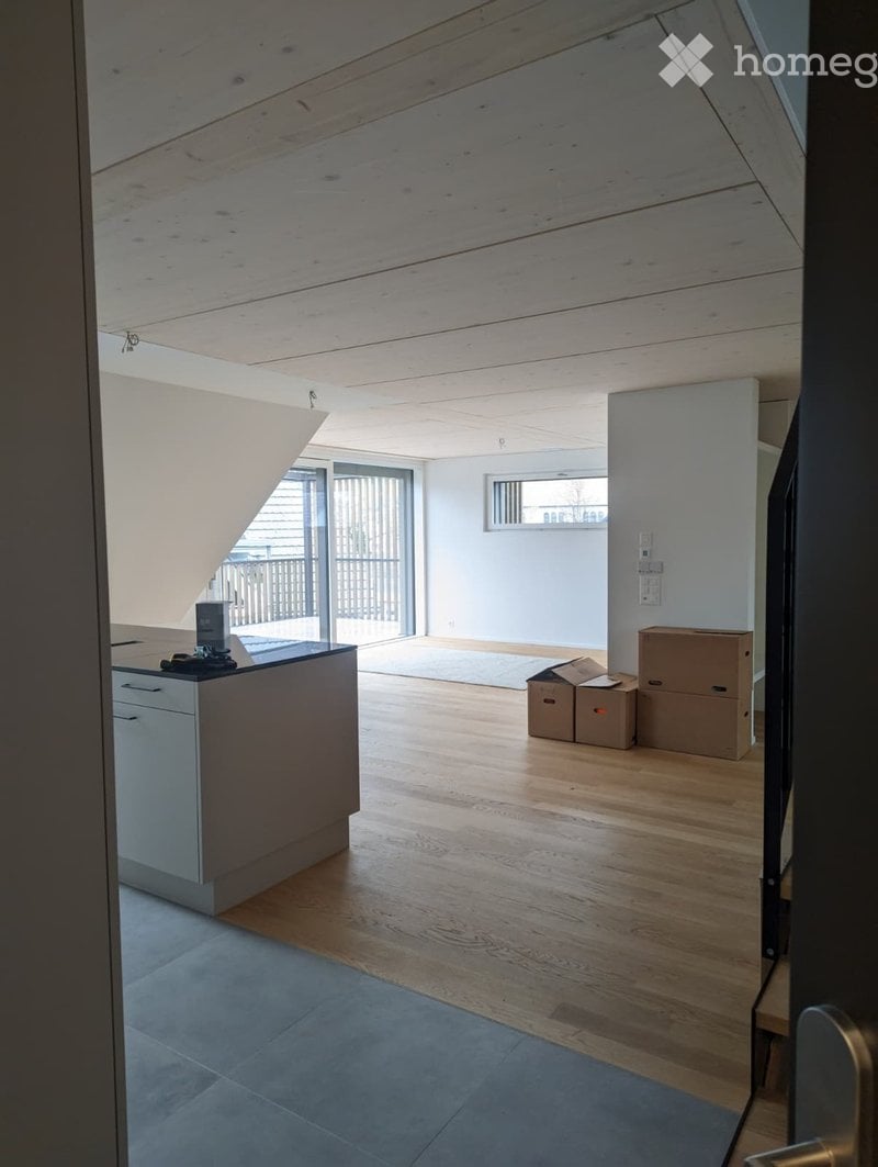 Empty room with wooden flooring, white walls, and a small kitchen area with cabinets and a countertop. There are cardboard boxes stacked in the corner.