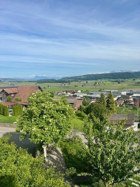 Panoramic view of a rural village with houses, green fields, and distant mountains under a clear blue sky.