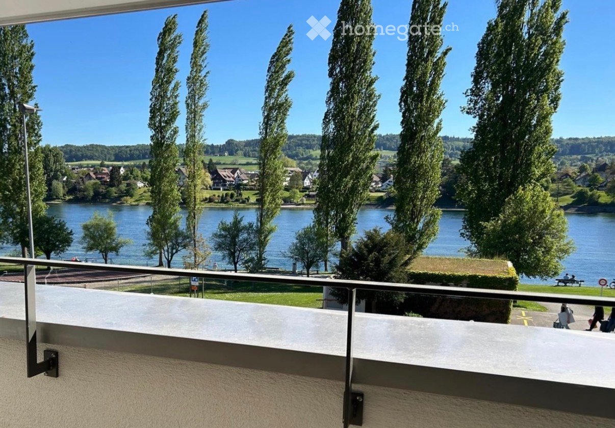 Balcony overlooking a scenic lakeside view with trees and distant houses.