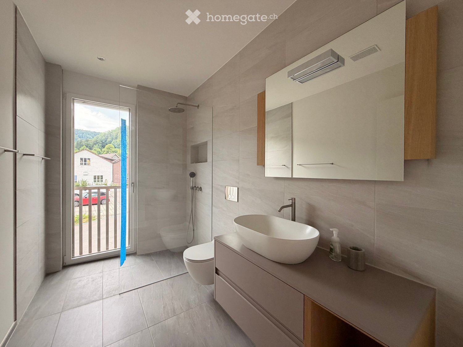 Modern bathroom with a large sink, toilet, shower, and mirrored cabinet. The space features a glass shower enclosure and a view of the outdoor area through a sliding door.