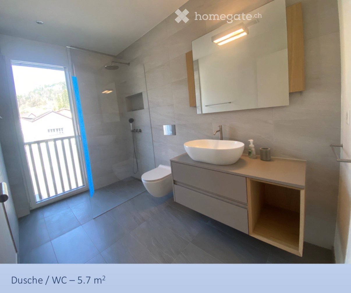Bathroom. Modern bathroom with a white sink, toilet, large mirror, and a shower area visible through a glass door.