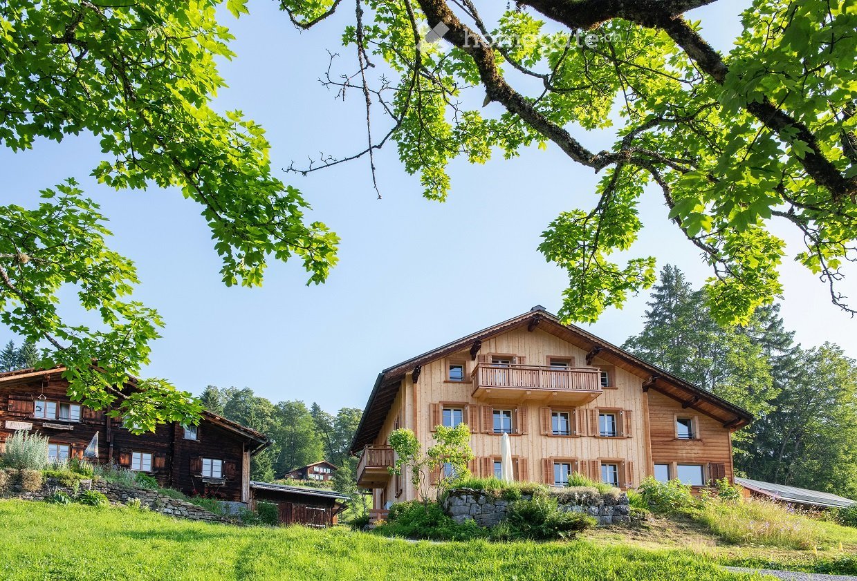Large wooden chalet, sloped roof, multiple balconies, large windows, surrounded by greenery