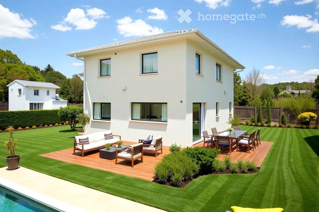 Modern white house with a well-maintained lawn, patio seating area, and swimming pool.