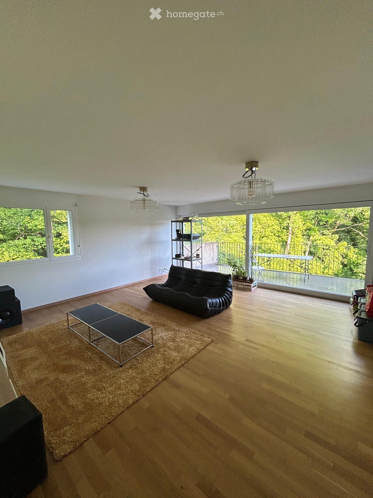 Modern living room with wooden flooring, large windows, and a balcony. Features a black leather sofa, a square coffee table, a beige rug, and a shelf with decorative items.