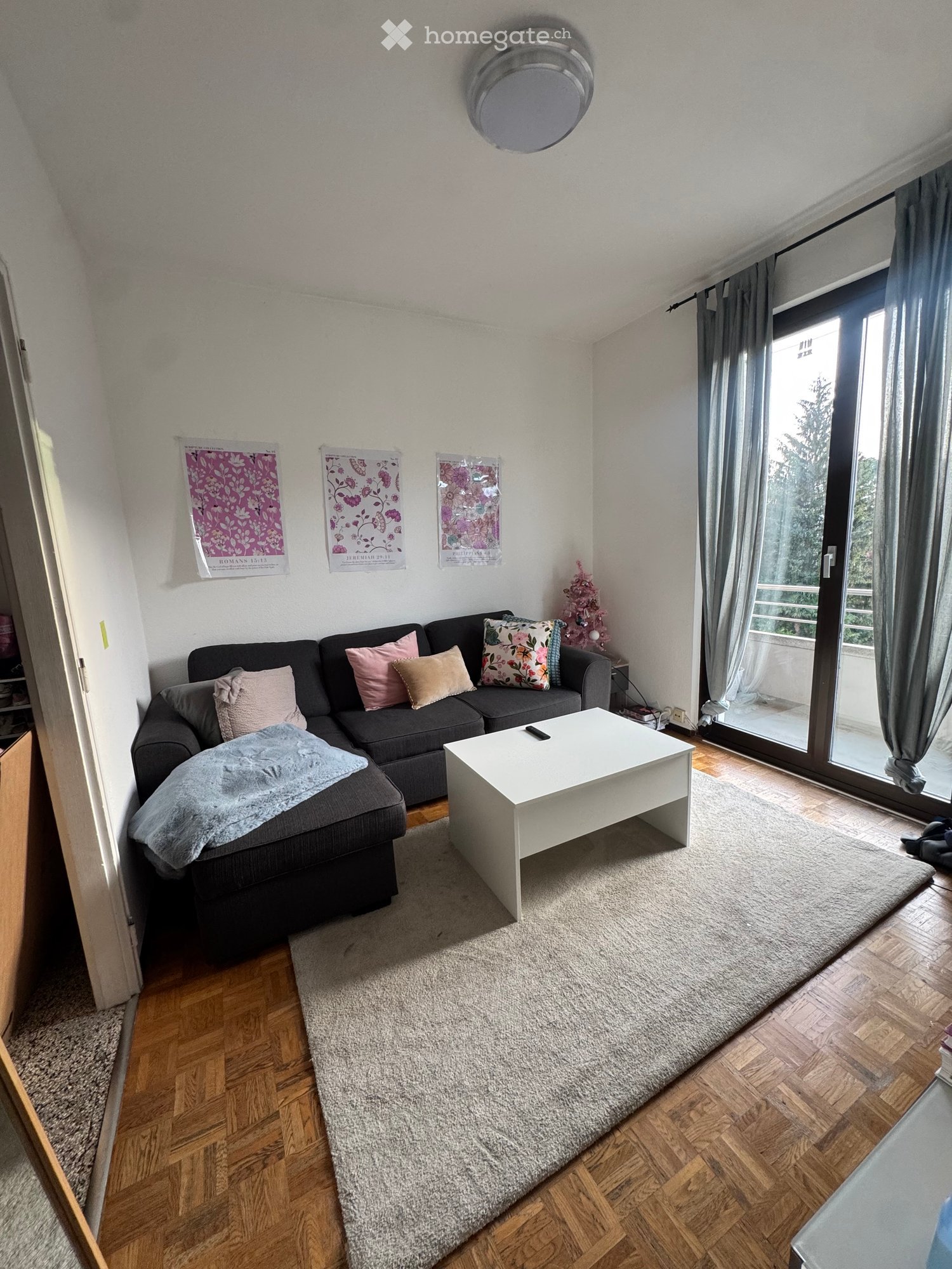 Modern living room with a grey sectional sofa, white coffee table, throw blanket, and decorative pillows. Features wooden flooring, large window with curtains, and posters on the wall.