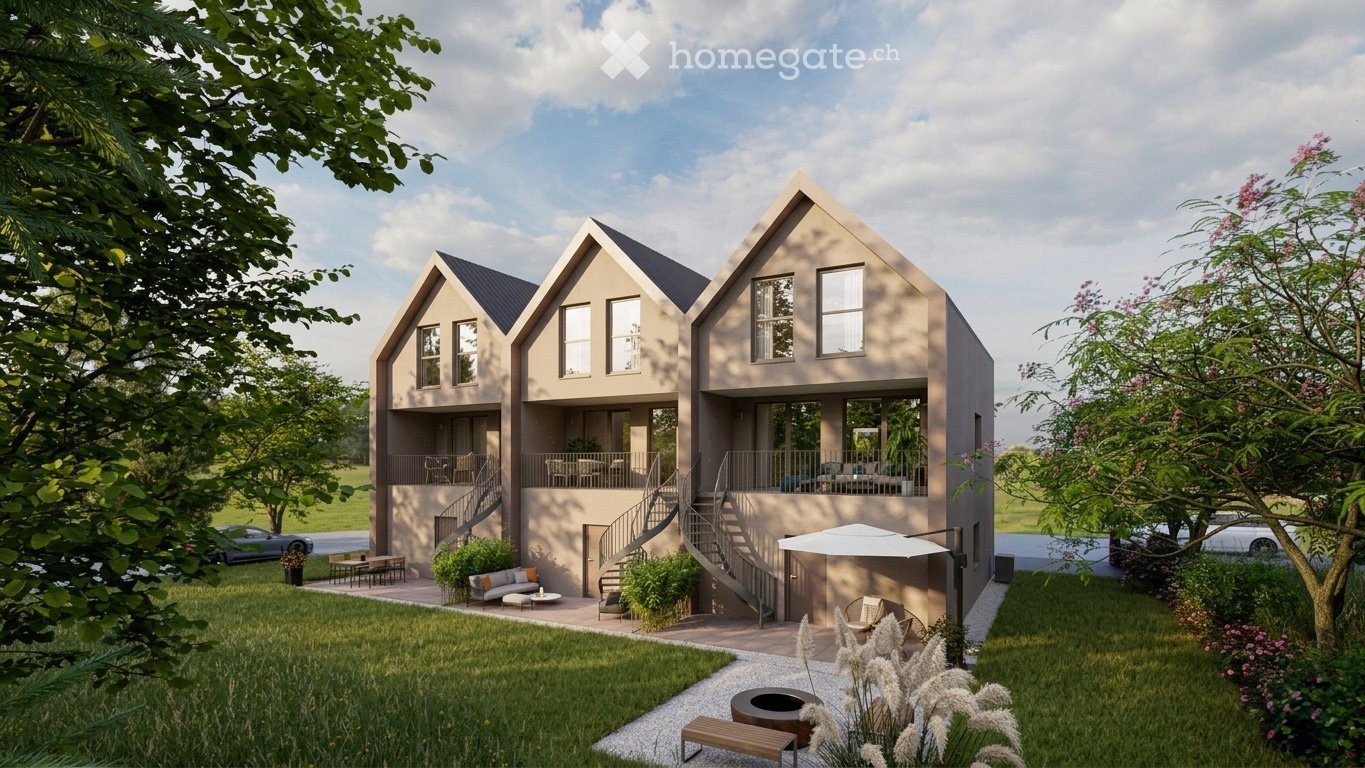 Modern two-story house with beige exterior, large windows, and a spacious front yard with outdoor seating and a fire pit.