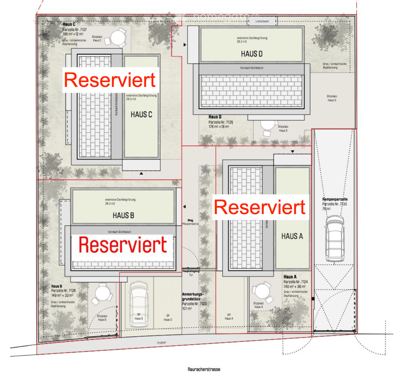 Floor plan showing four houses (Haus A, Haus B, Haus C, Haus D) with labeled plots, parking spaces, and reserved areas.