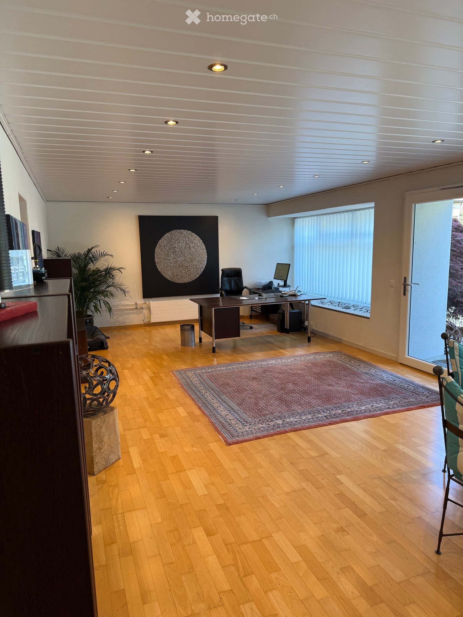 Spacious room with wooden flooring, a large area rug, a desk with a computer, a chair, a plant, and an art piece on the wall.