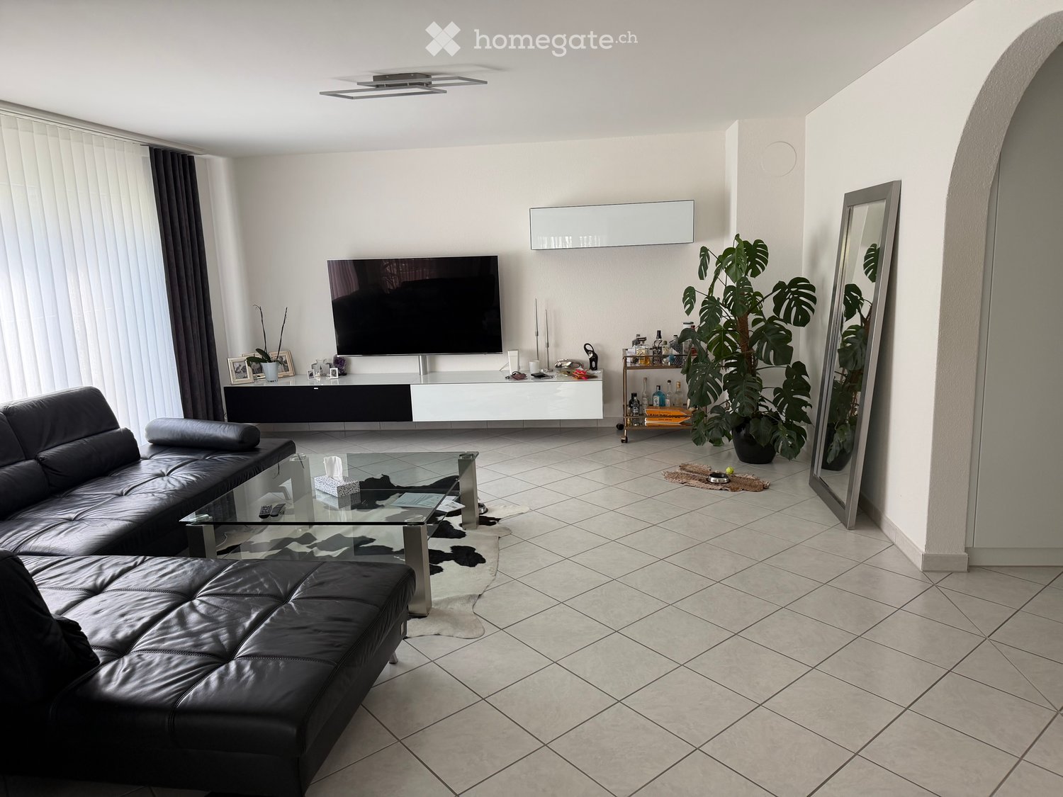 Modern living room with a black leather sofa, glass coffee table, flat-screen TV on a white and black console, large mirror, and a potted plant near the corner.