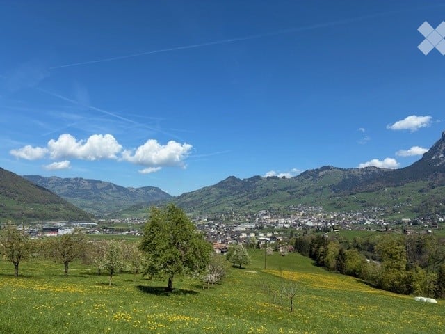 A scenic outdoor view of a town nestled in a valley surrounded by mountains, with a lush green field dotted with trees and yellow flowers in the foreground.