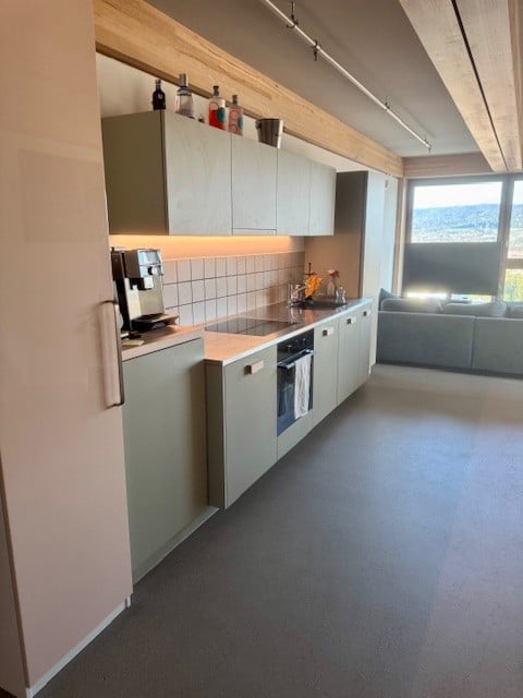 modern kitchen with appliances, cabinets, countertop, sink, stove, refrigerator, and a view of the outside