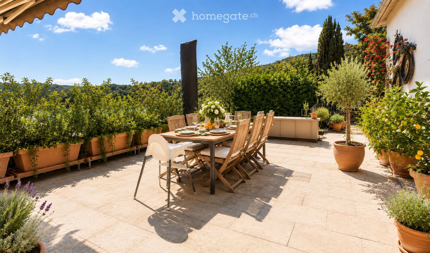Outdoor dining area with a wooden table, chairs, and a flower vase, surrounded by potted plants and a scenic view.
