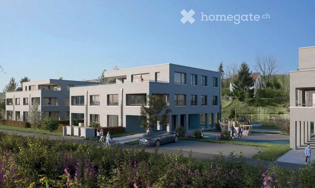Modern residential complex with multiple apartment buildings, parking area, swimming pool, and landscaped garden.