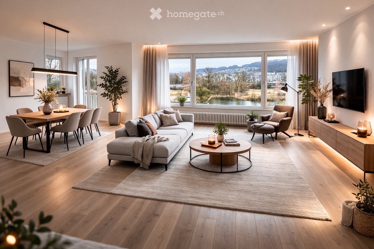 Modern living room with large windows offering a scenic view, featuring a grey sectional sofa, coffee table, armchair, dining area with a table and chairs, floor lamp, and decorative plants.
