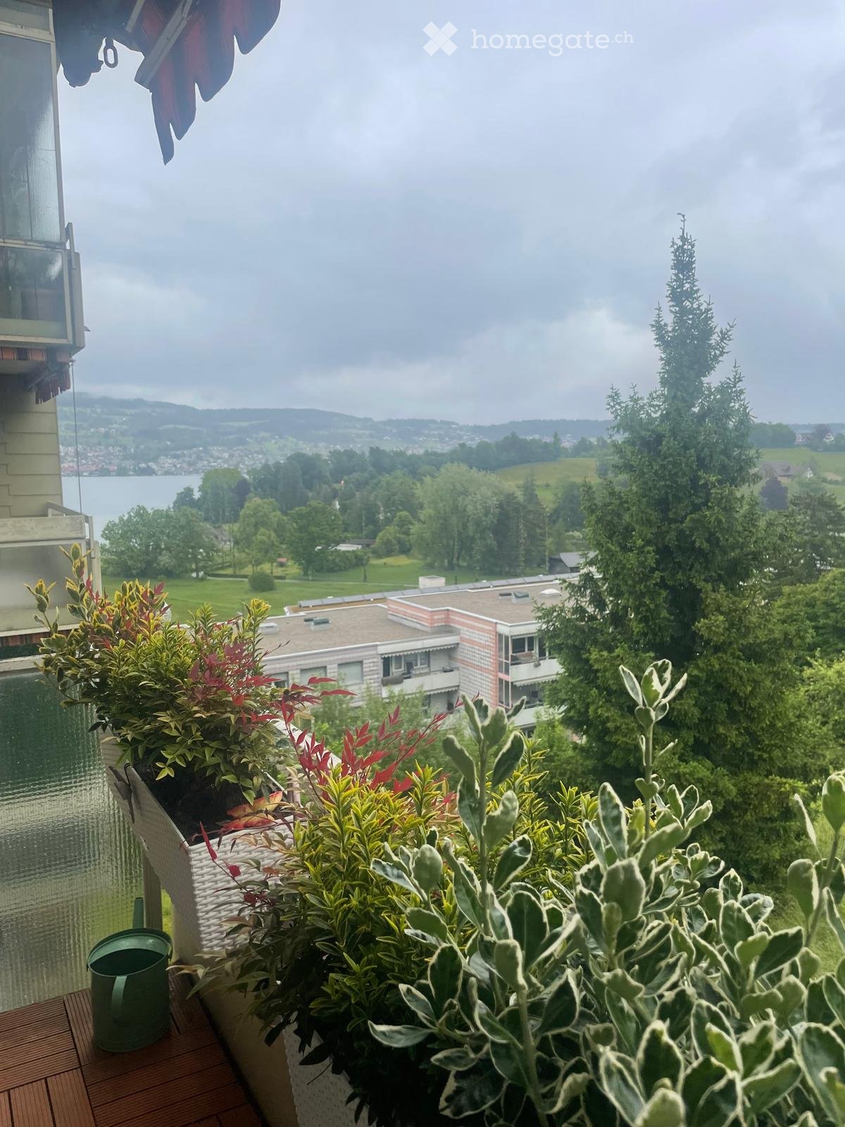 Balcony with potted plants, wicker chair, and a mug, overlooking a scenic lake and distant hills.