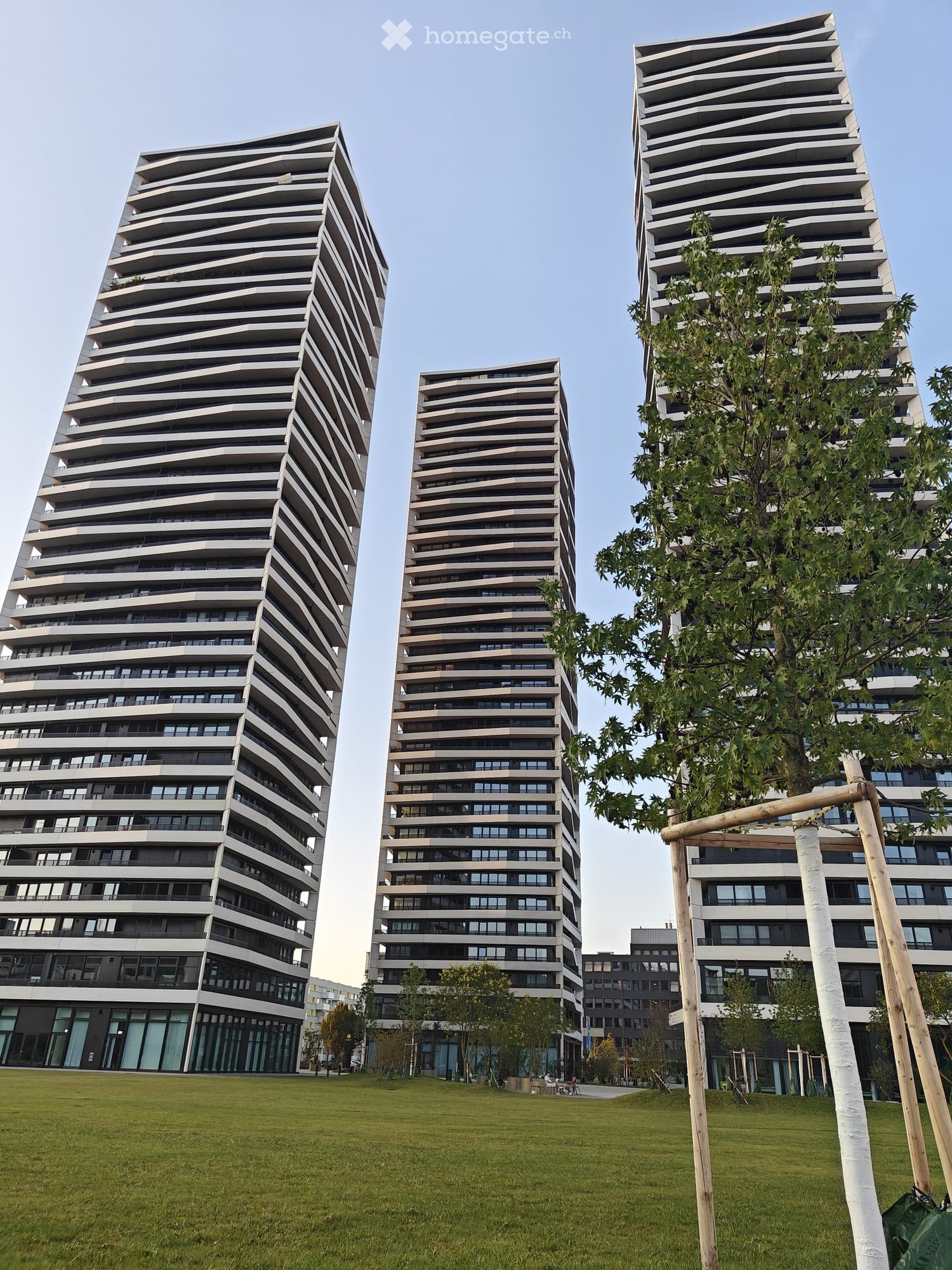 Four modern high-rise residential buildings with sleek, contemporary design and numerous windows, surrounded by a green lawn and trees.