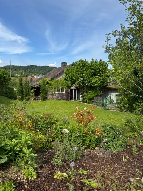 A well-maintained garden with a variety of plants and flowers in the foreground, a lawn, and a house with a tiled roof in the background.