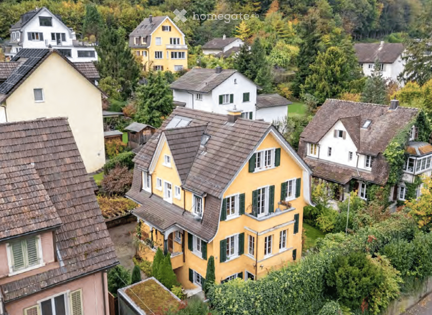 Aerial view of a residential neighborhood with multiple houses, featuring varied roof styles and colors, surrounded by lush greenery and trees.